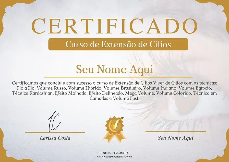 Certificado Extensão de Cílios do Curso viver de cílios Larissa Costa